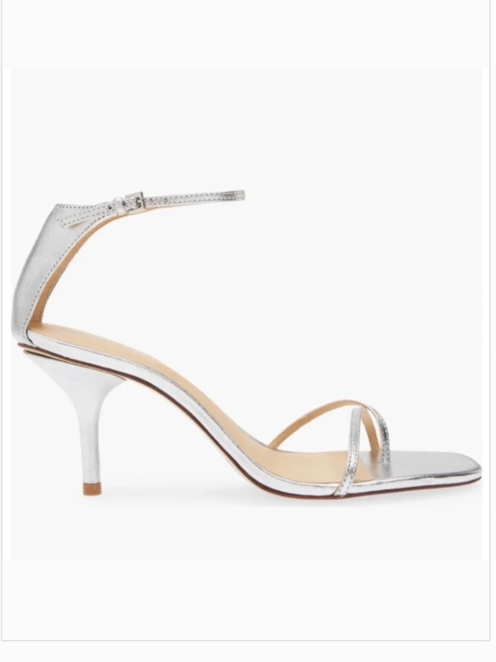 Reformation Gigi Leather Strappy Mid Heel Sandal Silver SZ 10